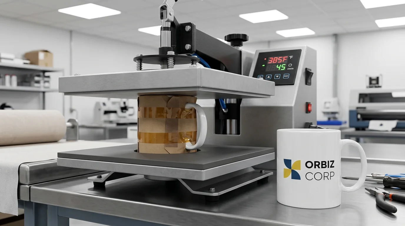 Ceramic mug positioned in a heat press for sublimation branding
